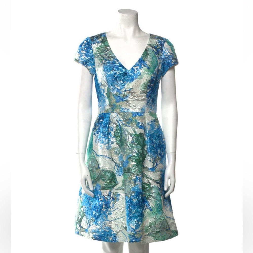 Theia Blue Metallic Cap Sleeve Fit‎ and Flare Dress Sz. 12 - Picture 3 of 11